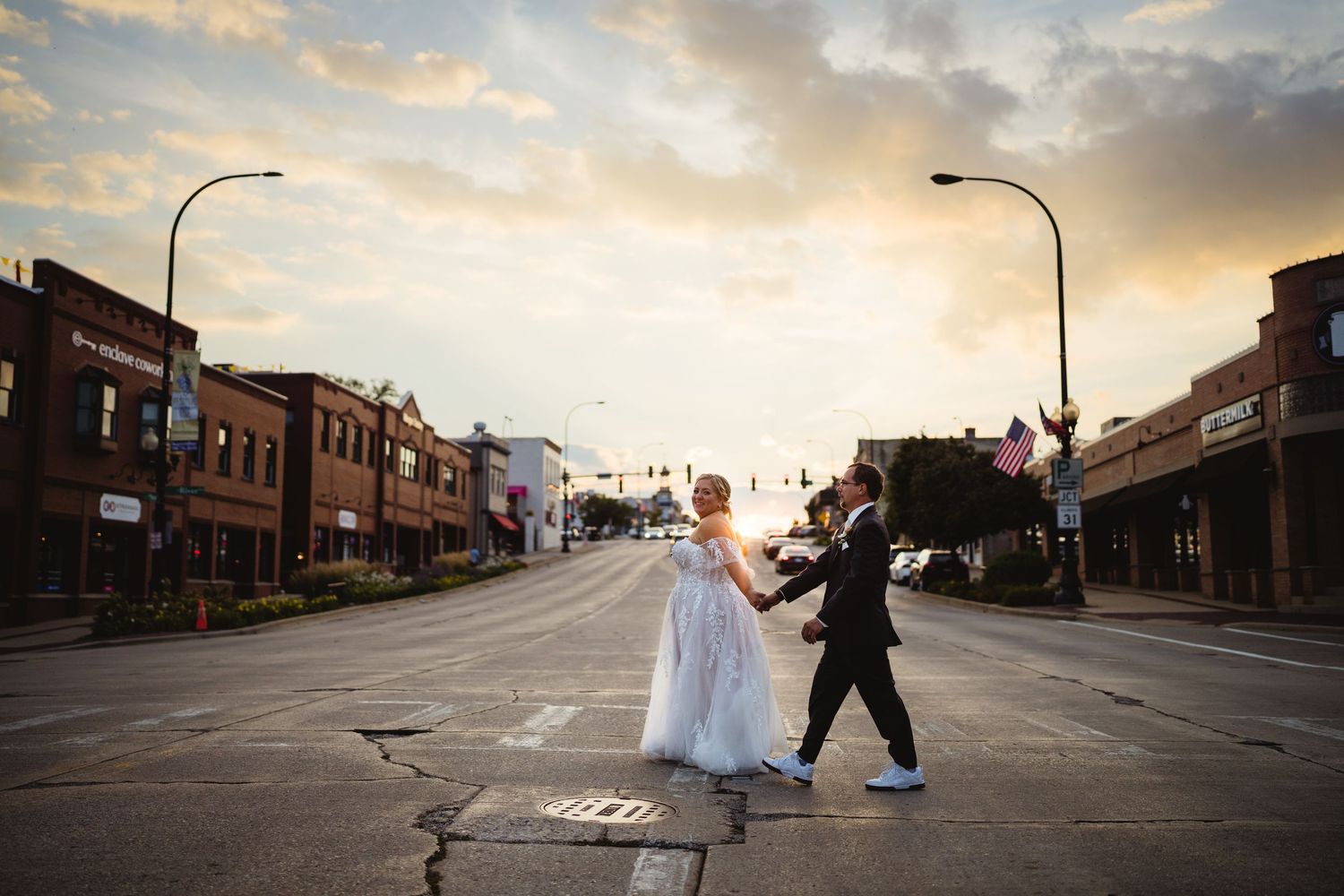 A sequence of sunset photos shows a couple dancing across an empty urban street.