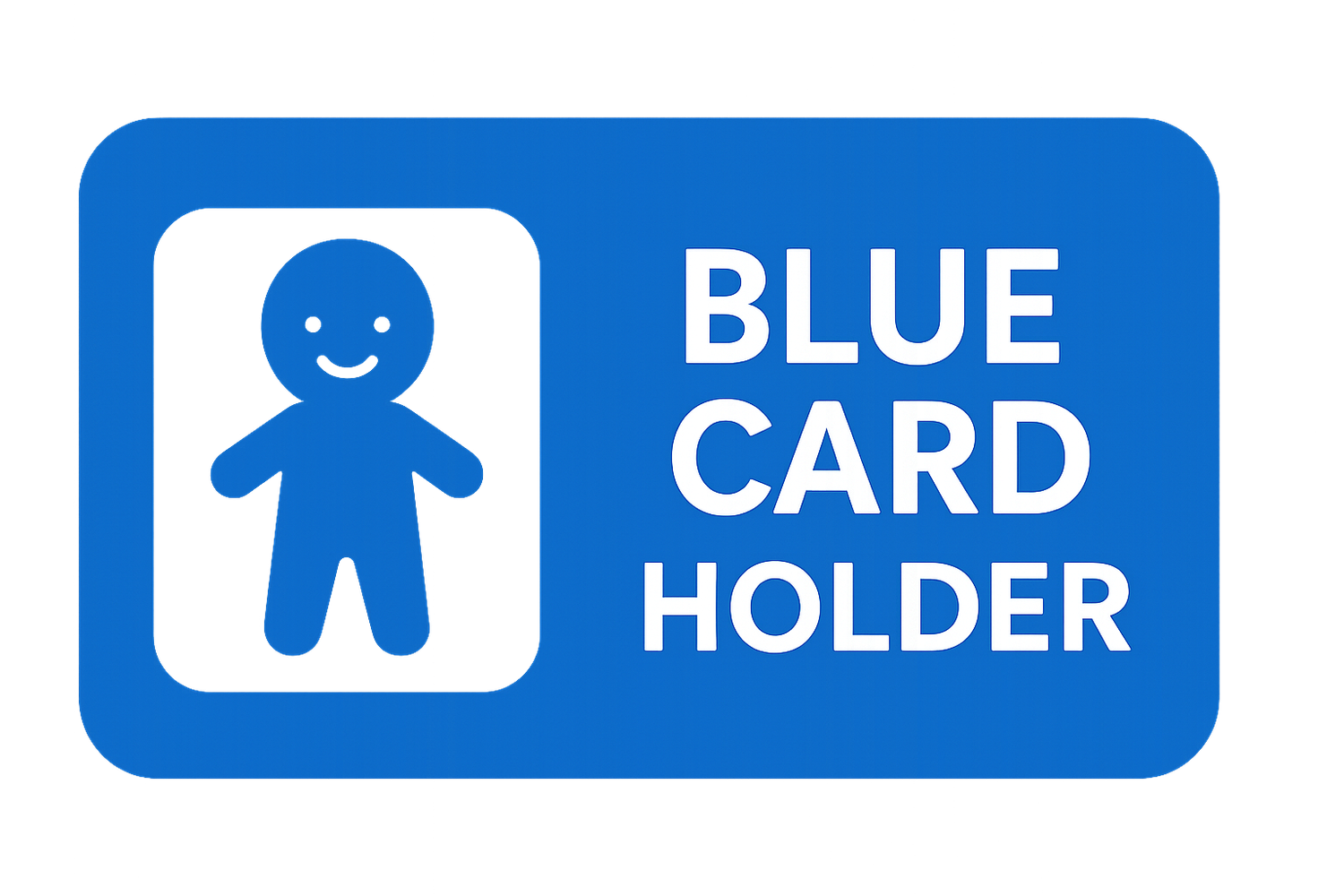 A white silhouette icon of a person stands against a blue background alongside related card holder symbols.