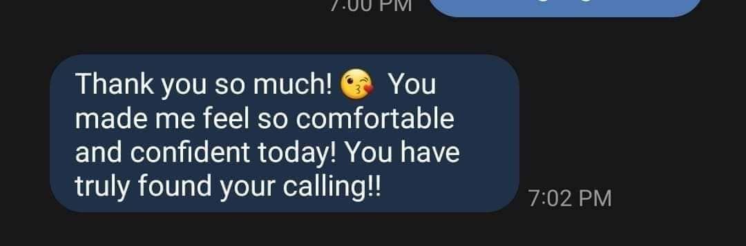 Text messages on a dark screen showing a heartfelt message of gratitude and appreciation with a smiling emoji.