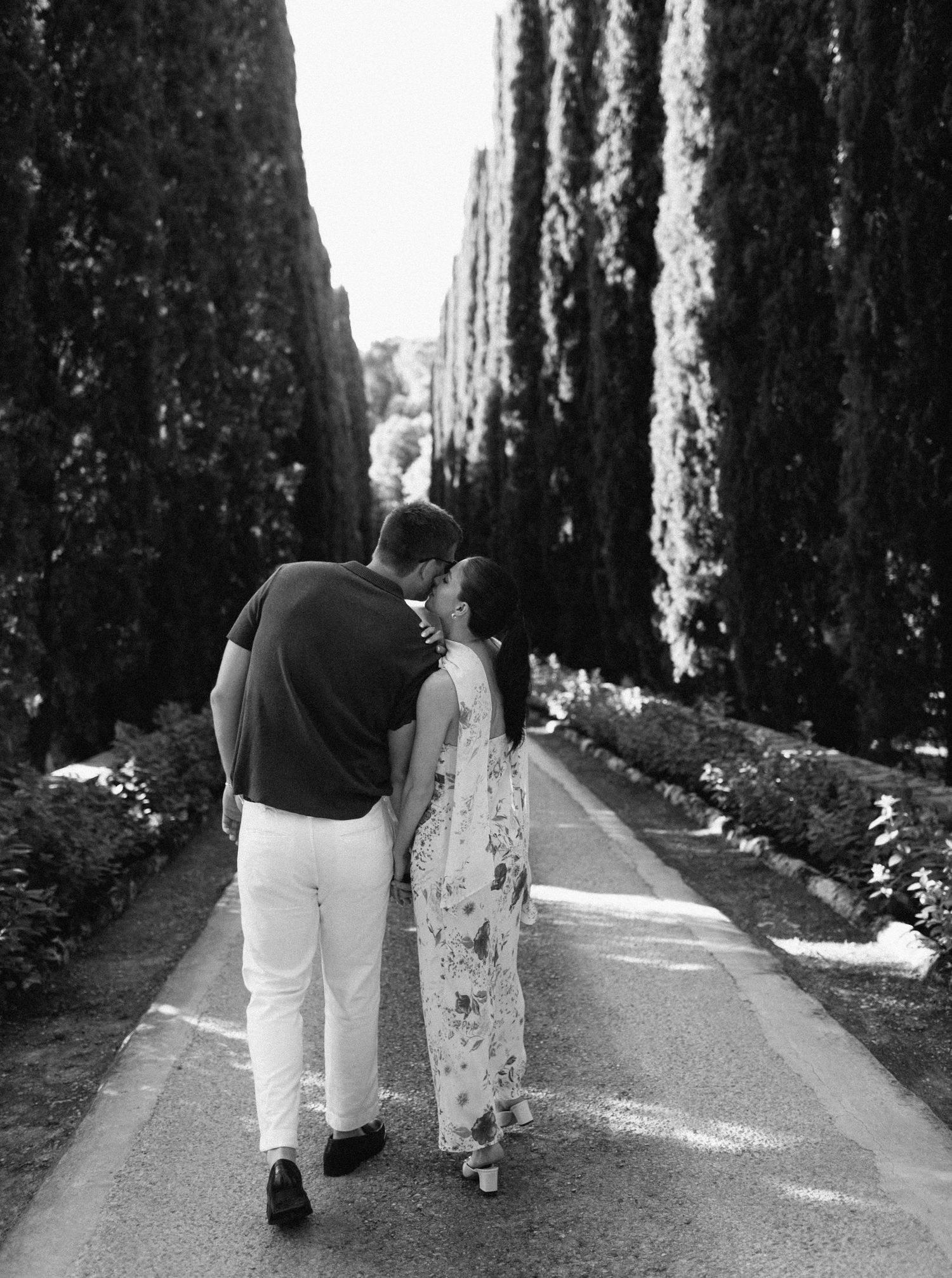 People walking down a tree-lined pathway in black and white creating a dramatic vanishing point perspective.