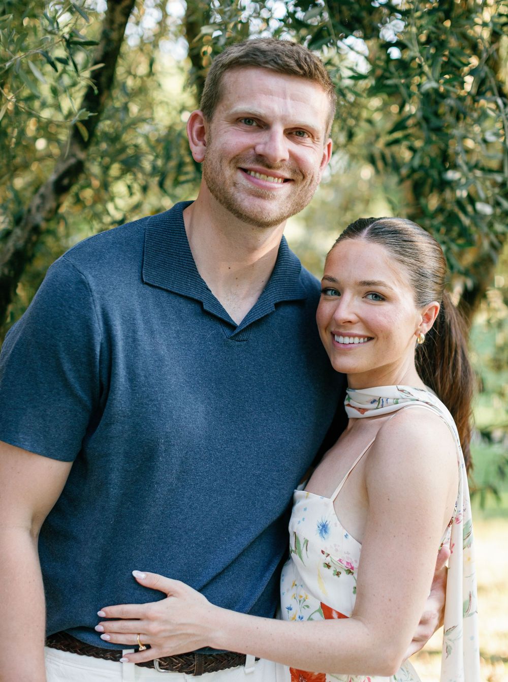 Five sequential outdoor engagement style photos showing a couple embracing and smiling among trees in natural lighting.