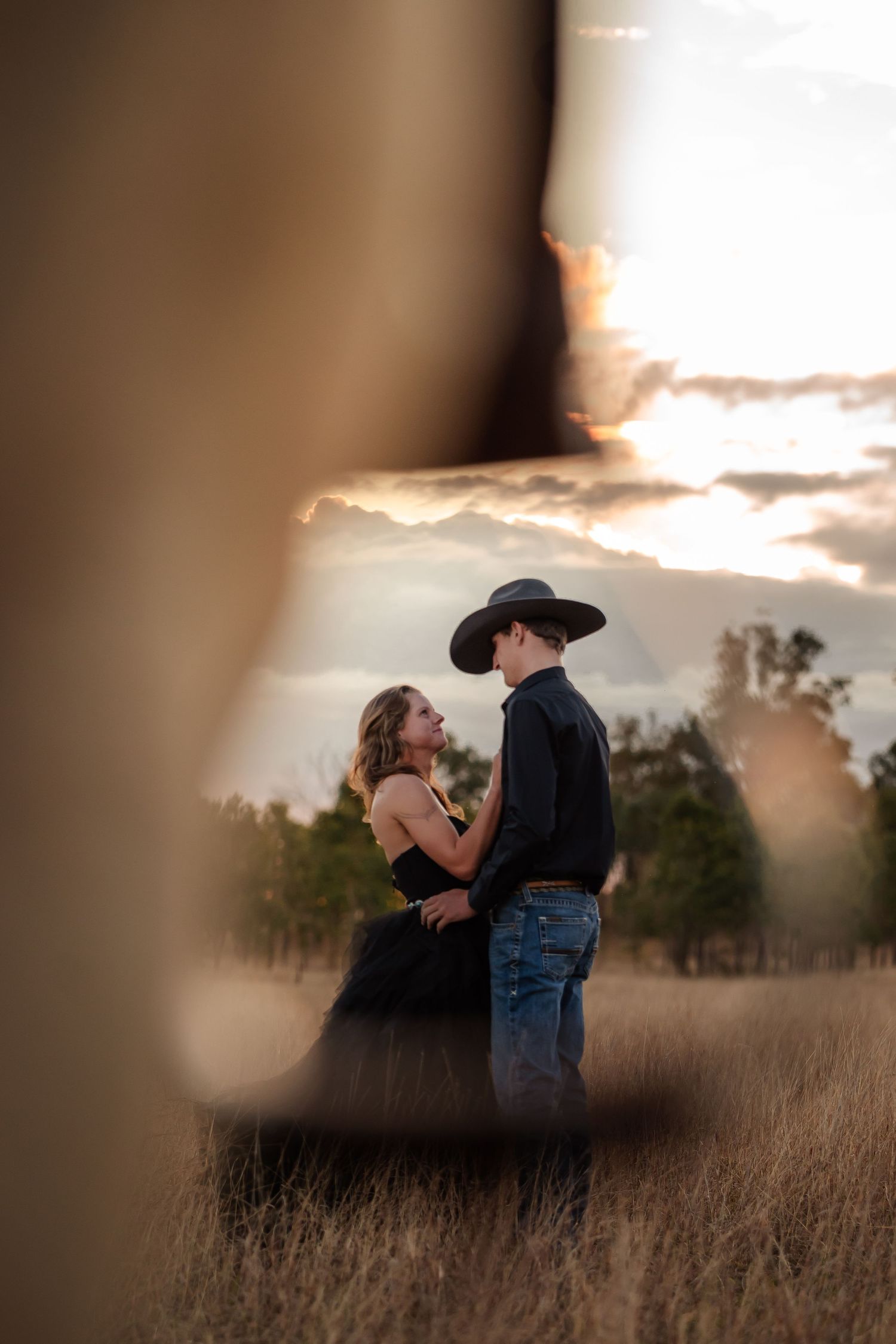 A romantic couple embraces in a golden wheat field at sunset, silhouetted against the warm glowing sky.