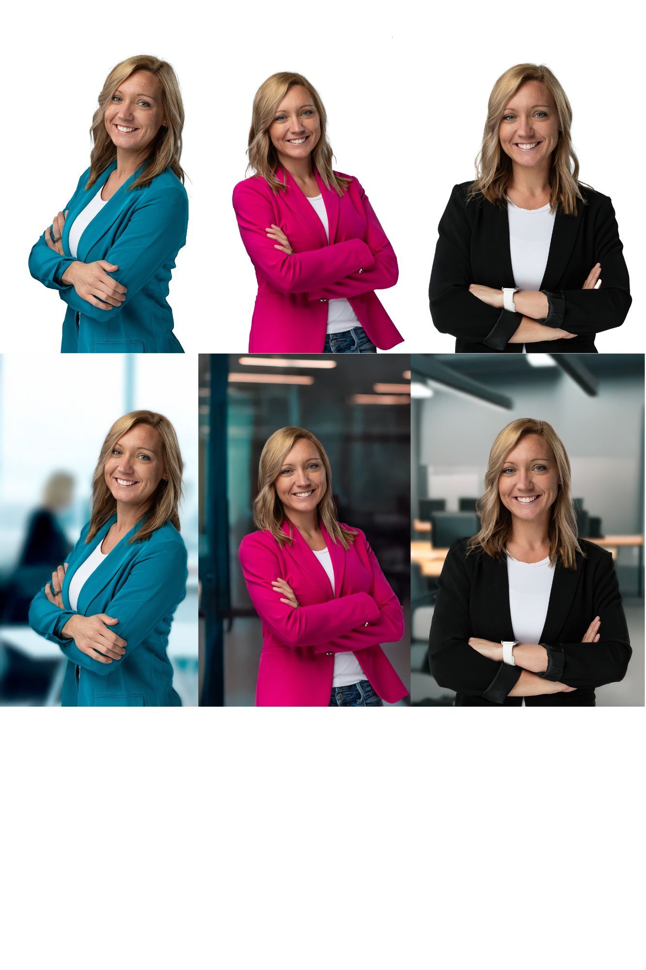 Professional business portraits showing same person in teal, pink, and black blazers against white and office backgrounds.