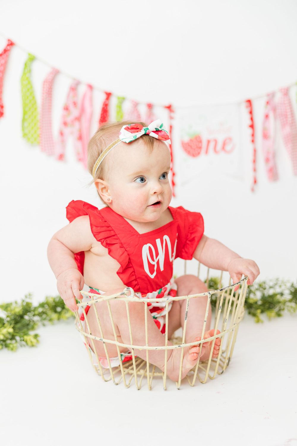 A baby in a red ruffled 'one' outfit sits in a decorative wire basket under a festive pink and green fabric banner.