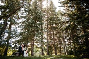 wide shot of couple with lots of trees