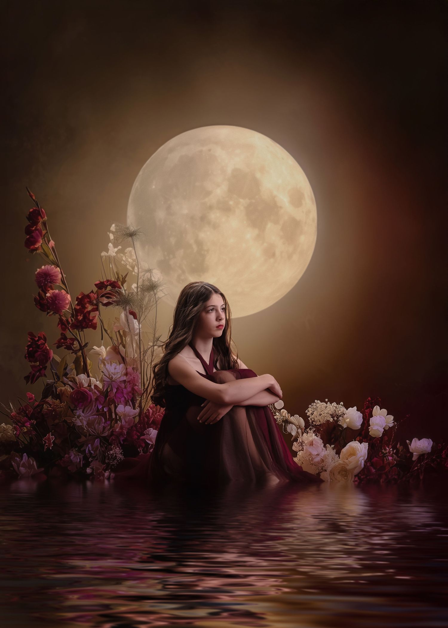Little girl in pink and purple, floating in the clouds reaching for a butterfly.