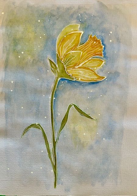 Yellow daffodils painted in watercolor against a misty blue-gray background with starry effects.