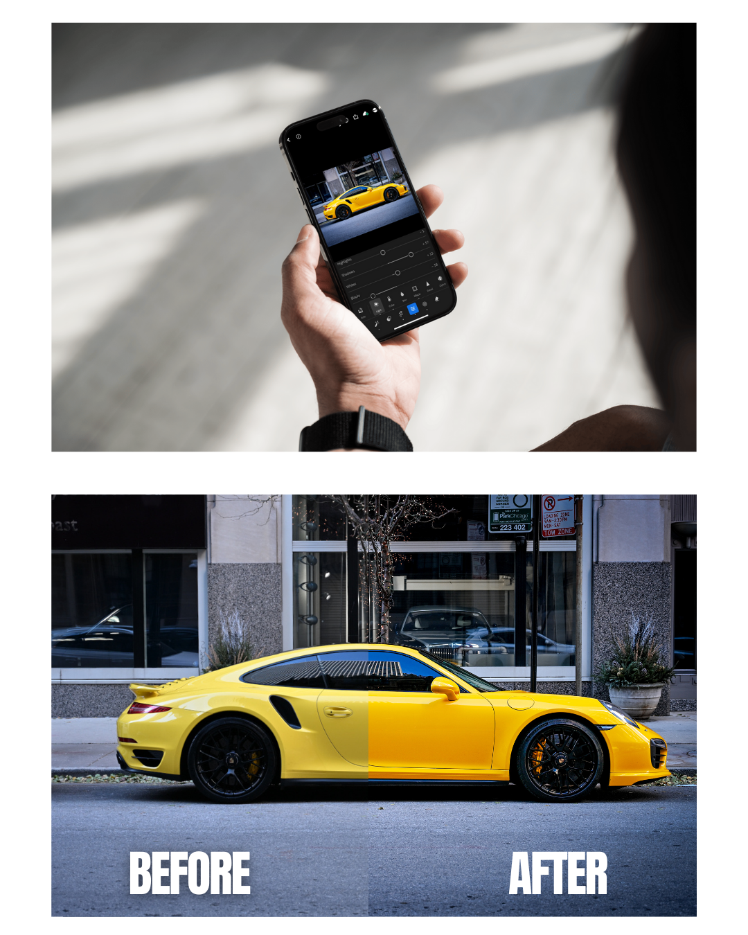 A hand holding a phone displaying a car photo above a before-and-after image of a yellow Porsche 911 with modifications.