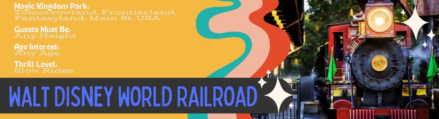A vibrant banner for Walt Disney World Railroad featuring a vintage-style train and colorful retro design elements.