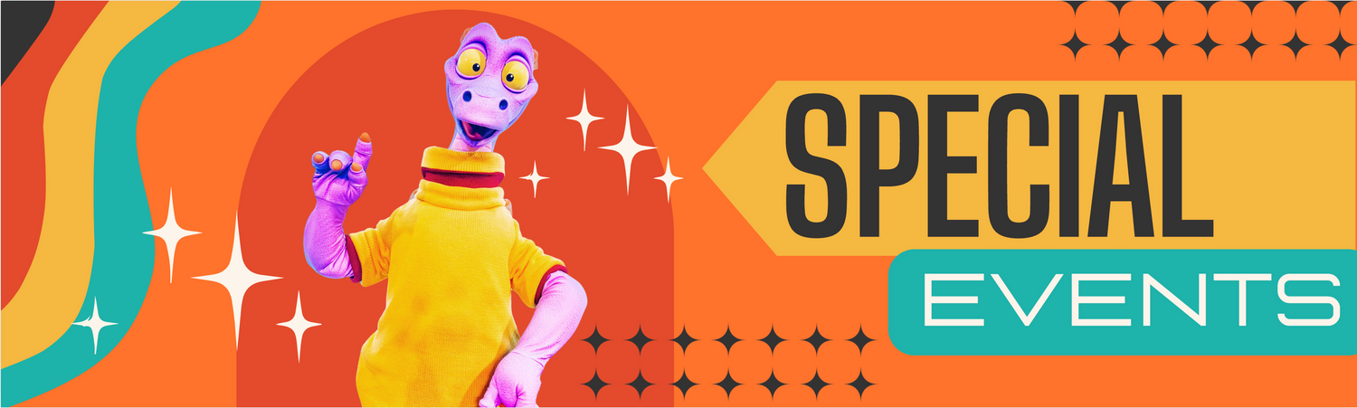 Vibrant retro-style banner for special events with colorful wavy designs, sparkles and microphone icons against orange background.