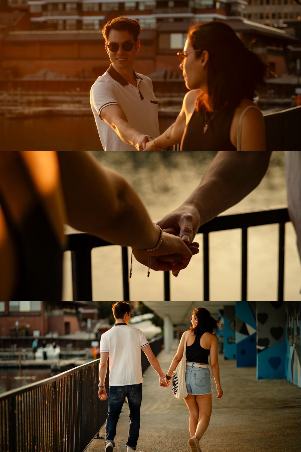 Couple walking hand in hand through Kingston’s waterfront trail during golden hour shoot.