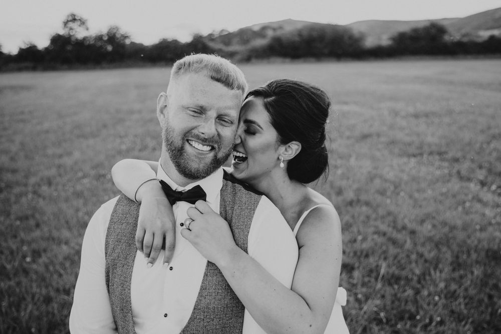 Happy Bride & Groom B&W portraits in the fields , Golden hour