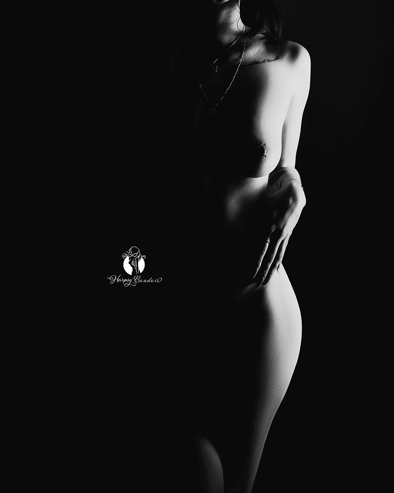 A dramatic black & white fine art nude silhouette highlights the graceful curves of the female body; best boudoir photographer Lexington, SC