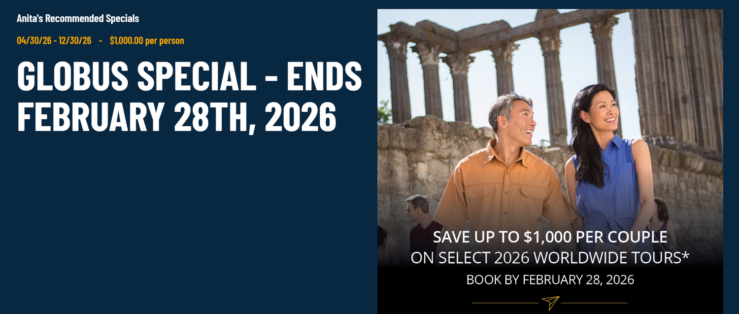 Travel promotion banner for Globus Special vacation packages showing couple enjoying scenic European destination view.