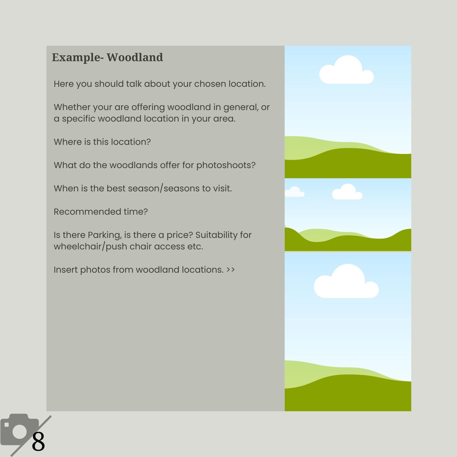 Minimalist landscape illustrations showing rolling green hills and white clouds against a light background.