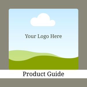 Professional product guide template with placeholder logo and green rolling hills landscape background.