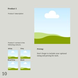 Product pricing page layout showing white and gray color options against a minimalist green landscape background.