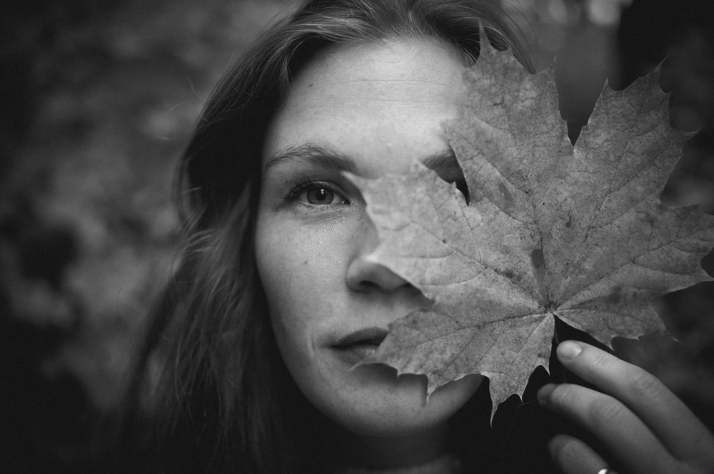 Black and white photograph showing autumn maple leaves against a blurred background.