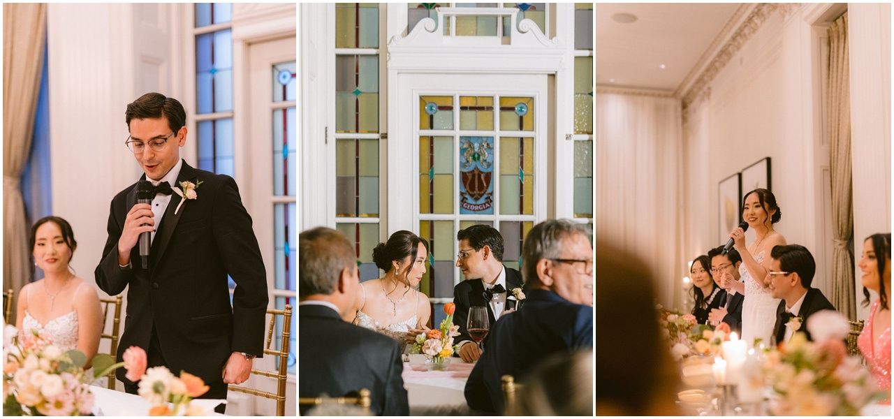 A wedding celebration collage showing reception tables, dancing, and intimate moments at an elegant Rosewood Hotel Vancouver.