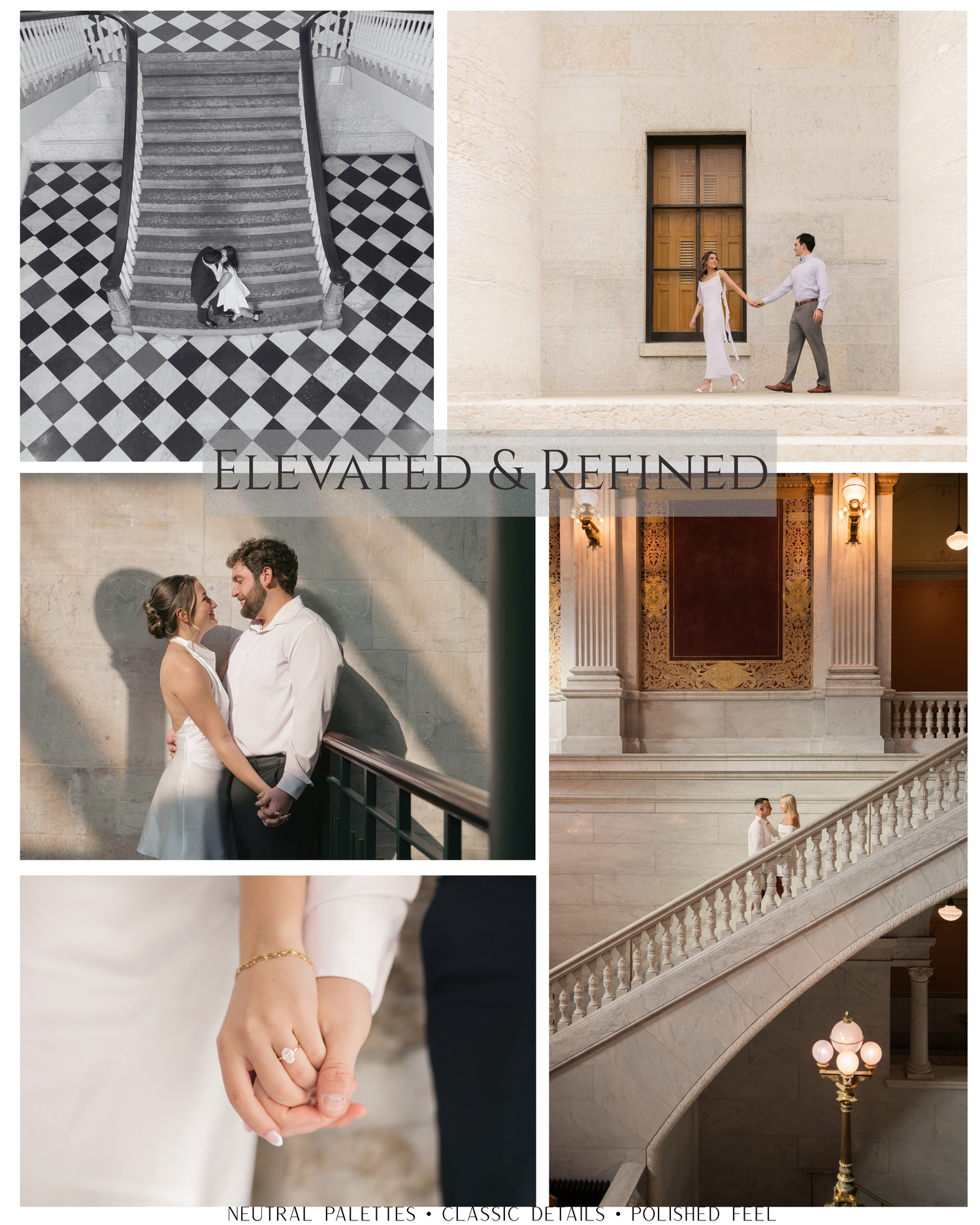A romantic couple shares intimate moments in an elegant architectural setting with marble stairs. Ohio State House Engagement Session.