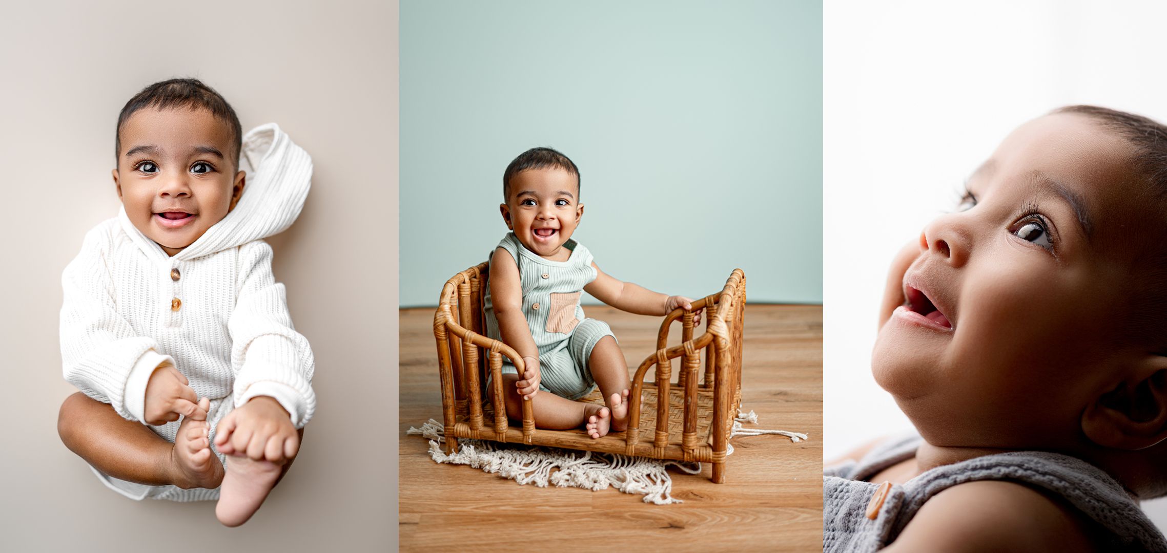 A series of soft and neutral-toned baby photography images arranged in a horizontal collage layout.