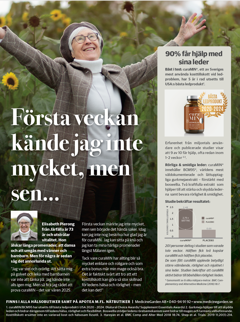 Swedish magazine advertisement for curaMIN joint supplement featuring elderly woman in sunflower field.