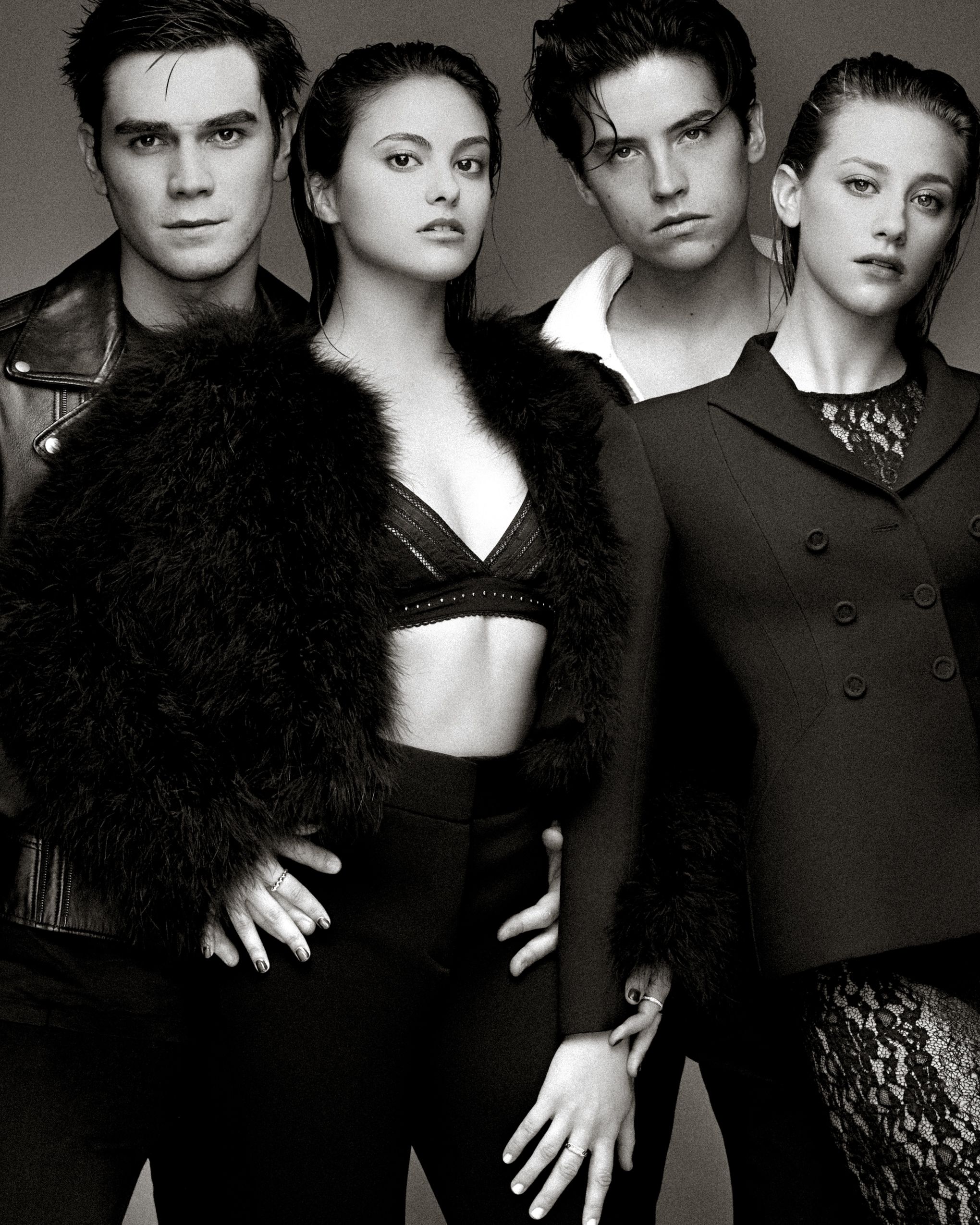 A dramatic black and white fashion photo series showing models posing in dark elegant attire against a plain backdrop.