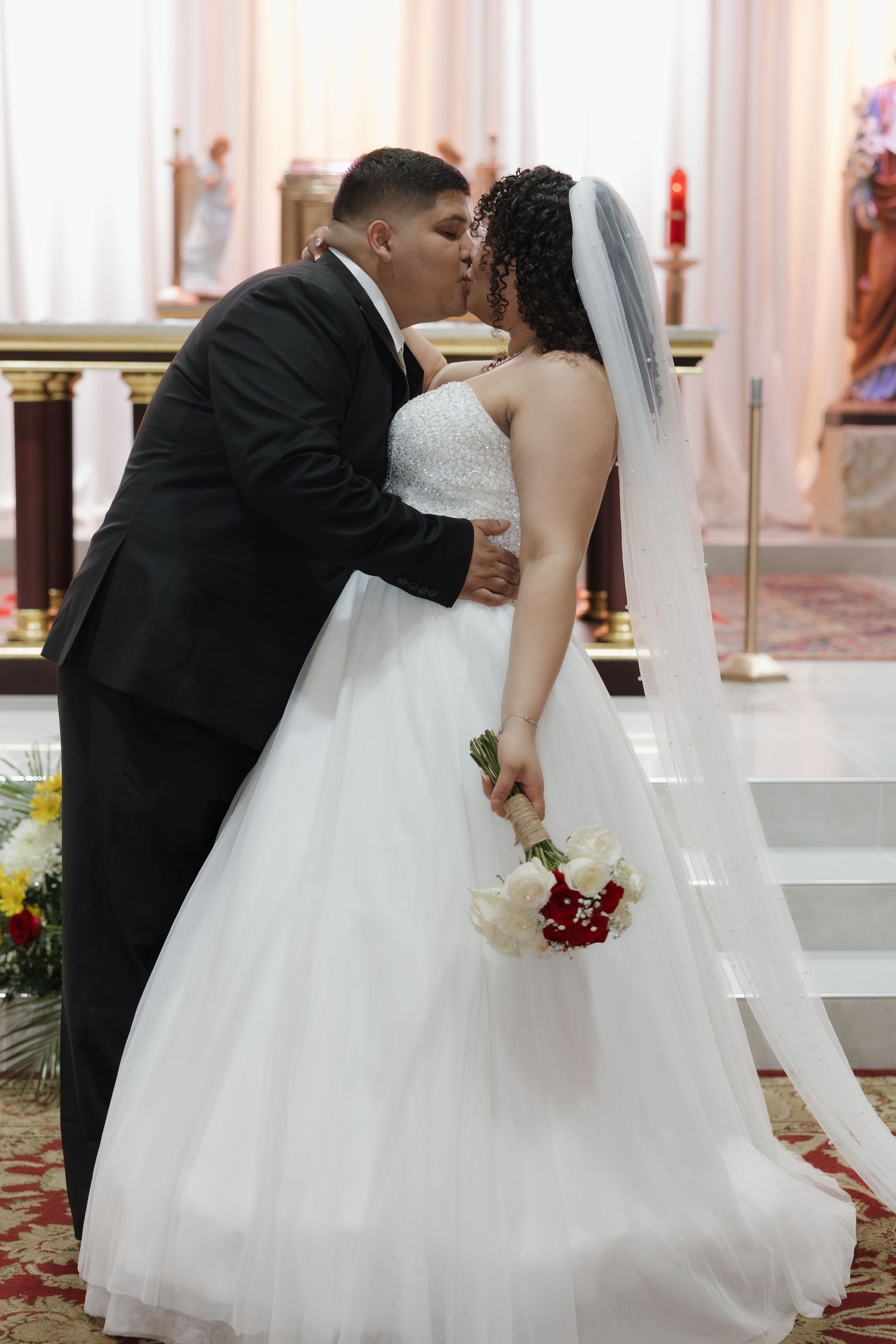 Sequence of wedding ceremony photos showing couple at altar in traditional white dress and black suit.