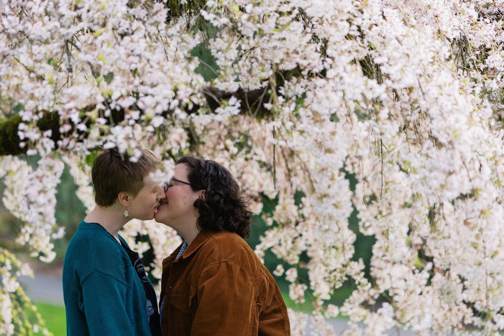 Two women share a kiss beneath cascading white cherry blossom branches in a spring garden.