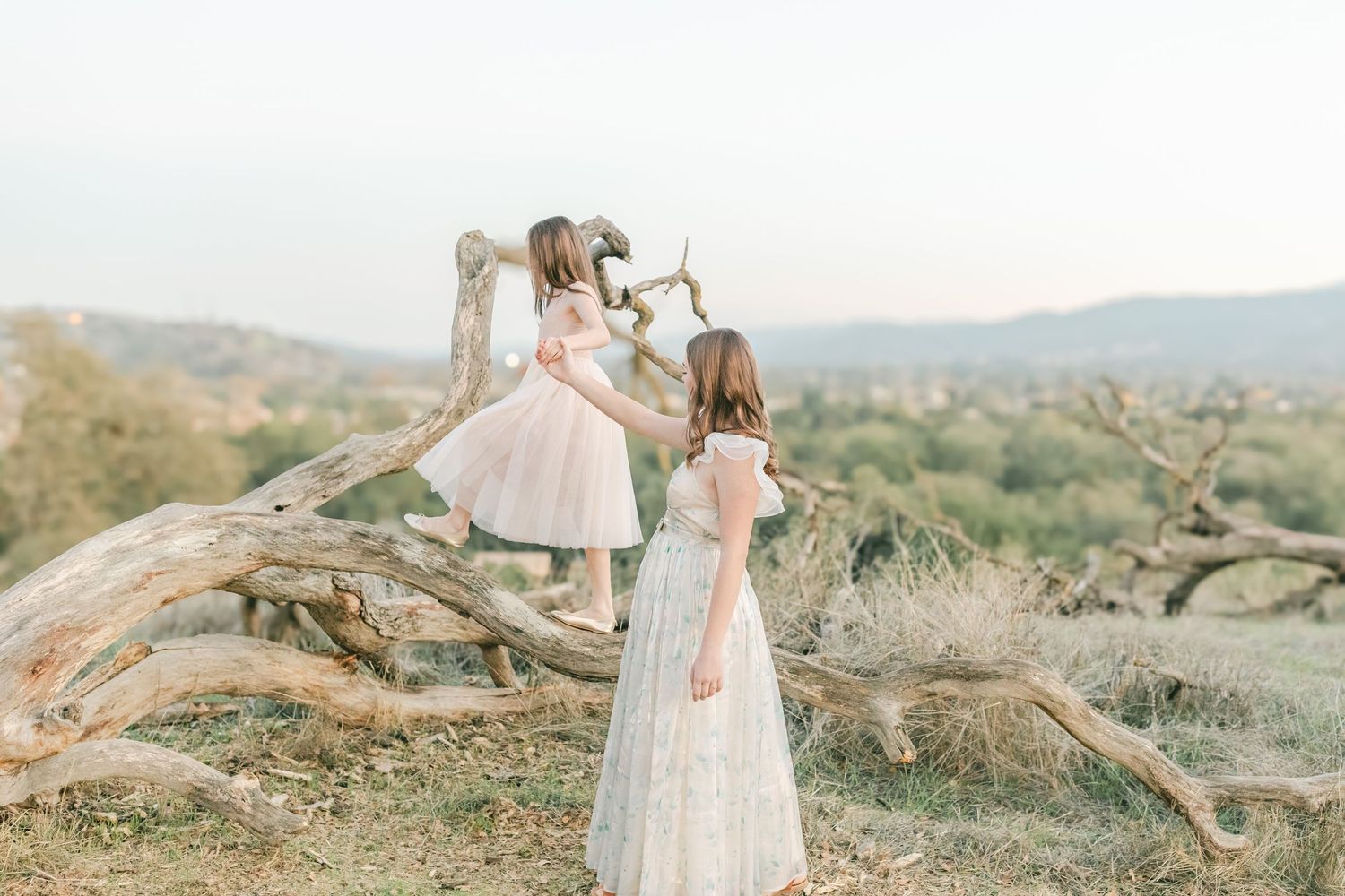 Bride in flowing white dress poses gracefully in desert landscape with dried branches and mountains.