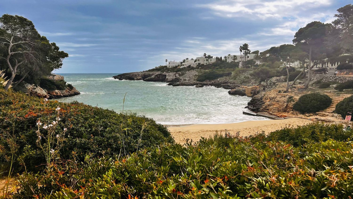 A scenic coastal landscape with a rocky shore, lush vegetation, and a tranquil bay under a cloudy sky.