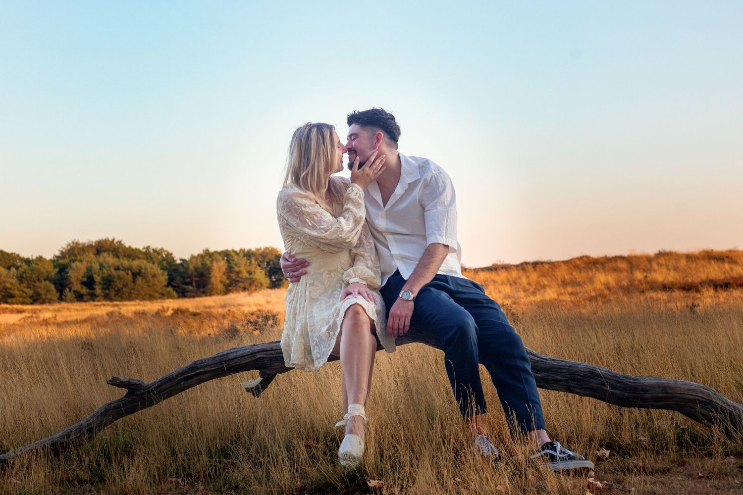 Couple sharing a romantic kiss while sitting on a fallen log in a golden field at sunset.
