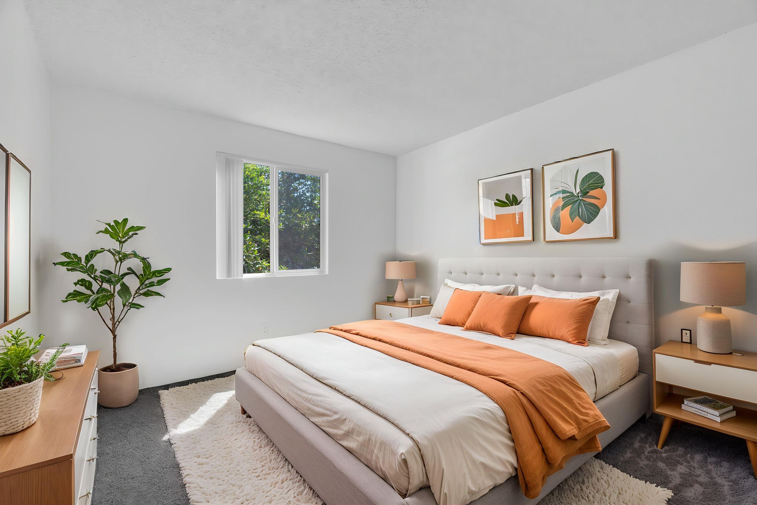 Bright modern bedroom with a king bed, orange accents, twin nightstand lamps, and a large green houseplant.
