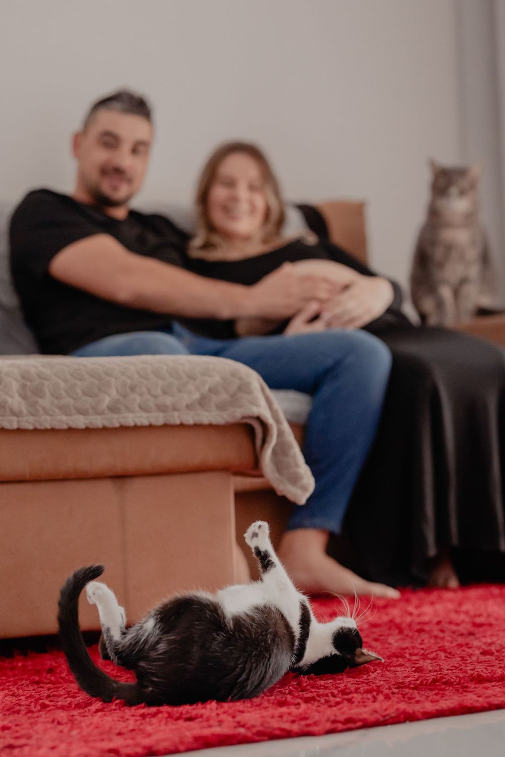 People relaxing on a couch with a cat visible in the foreground on a red carpet.