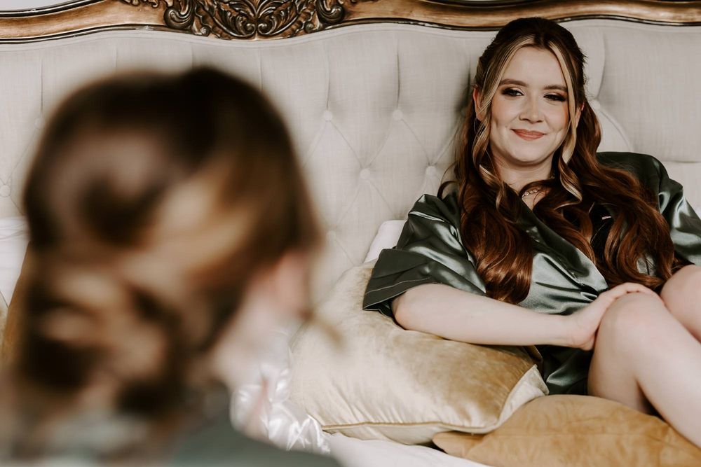 A wedding couple shares an intimate moment together during their romantic photo session.