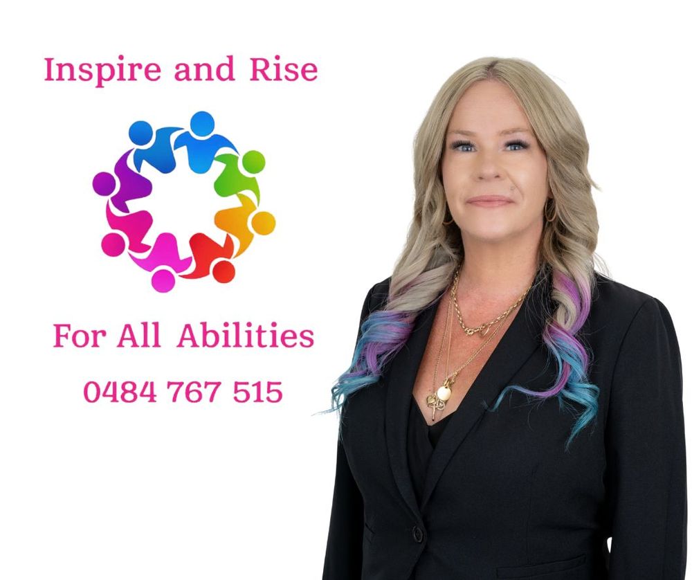 Professional business portrait banner with colorful rainbow brain logo and pink text reading 'Inspire and Rise For All Abilities'.
