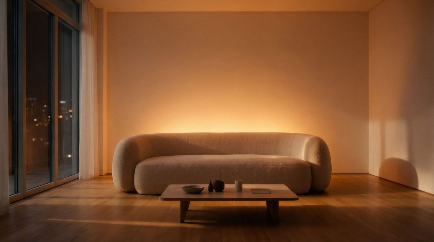 Minimalist living room with curved beige sofa, low wood coffee table, warm ambient lighting, and city view at dusk.