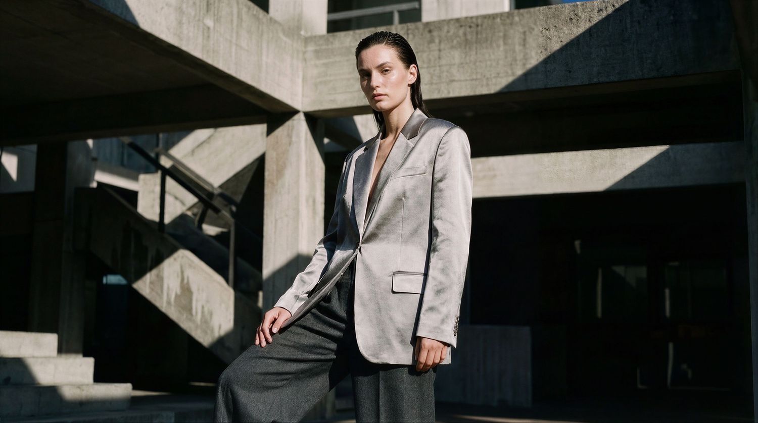Woman in tailored gray blazer and trousers poses confidently in modern concrete architectural setting.
