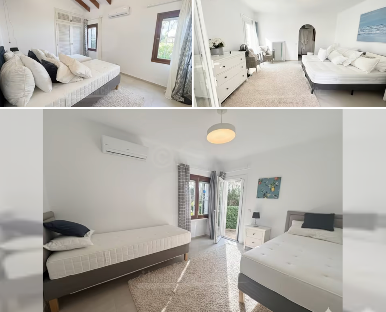 A series of interior home photos showing white walls, wooden doors, and windows in a hallway or room setting.