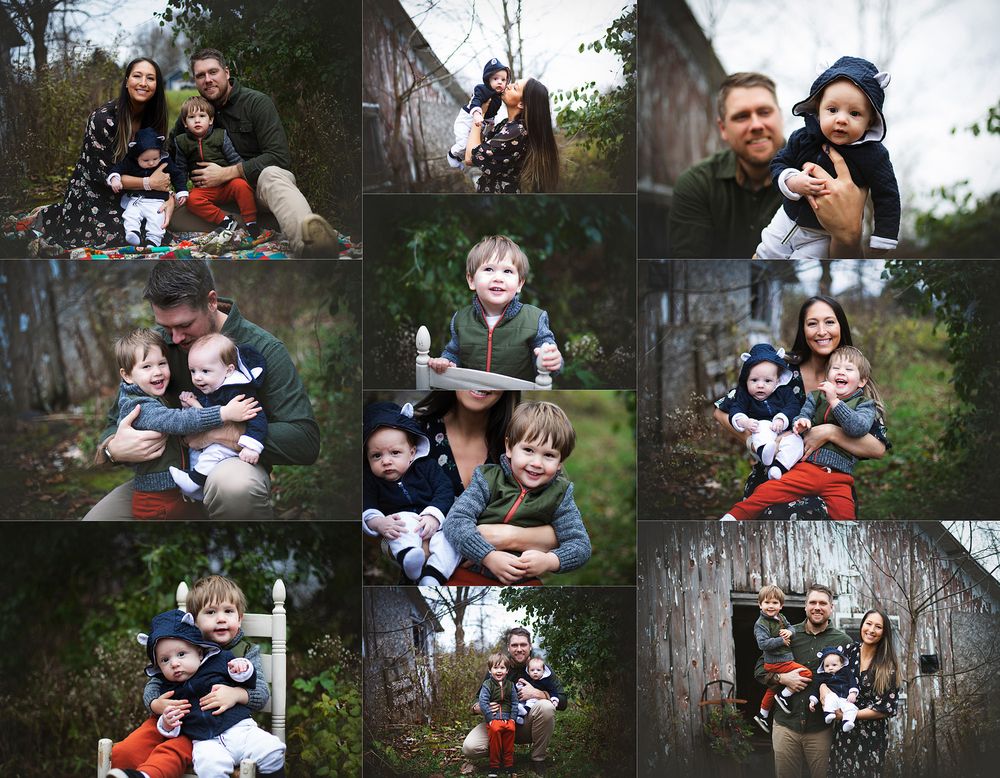 Collection of casual outdoor family portraits in a natural wooded setting.