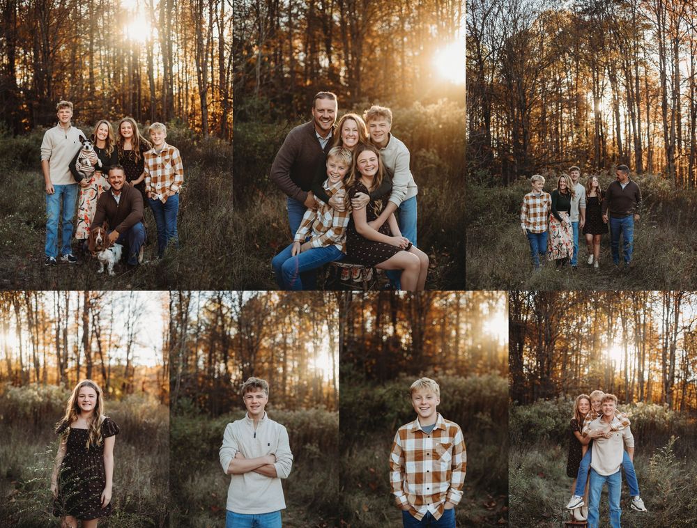 Golden hour family portraits in a wooded setting with sunlight streaming through trees.