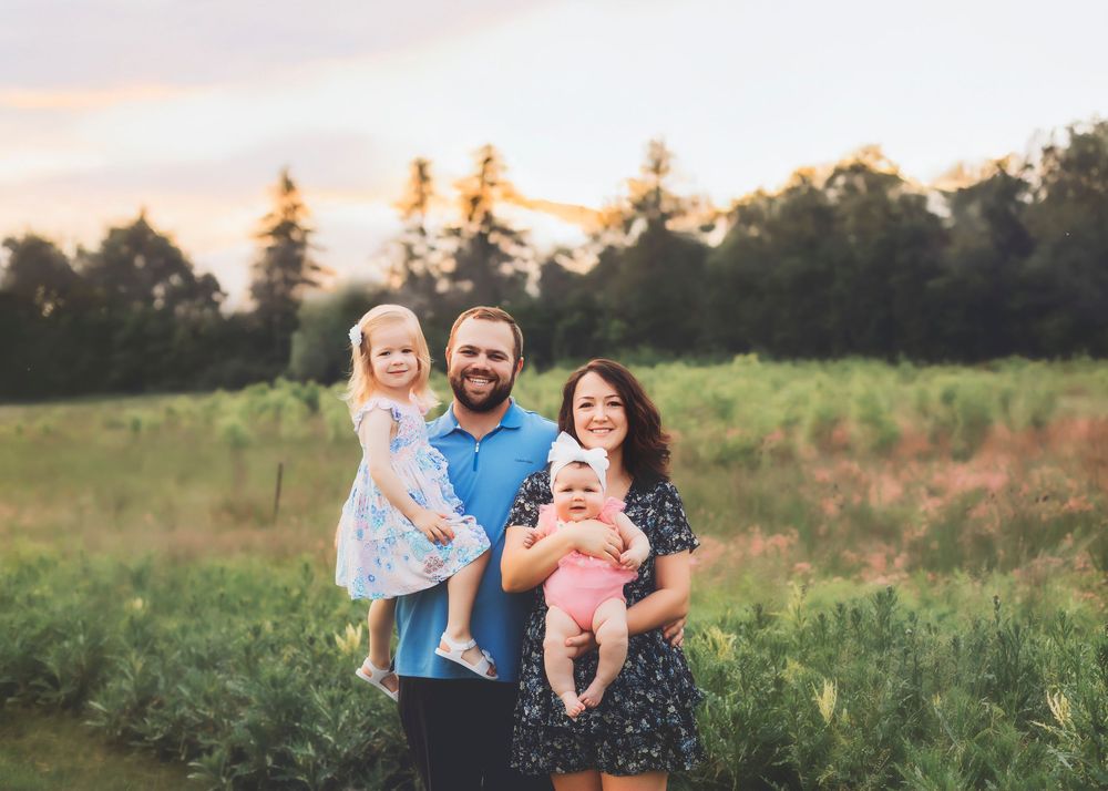 Series of candid family moments captured in a golden field during sunset.