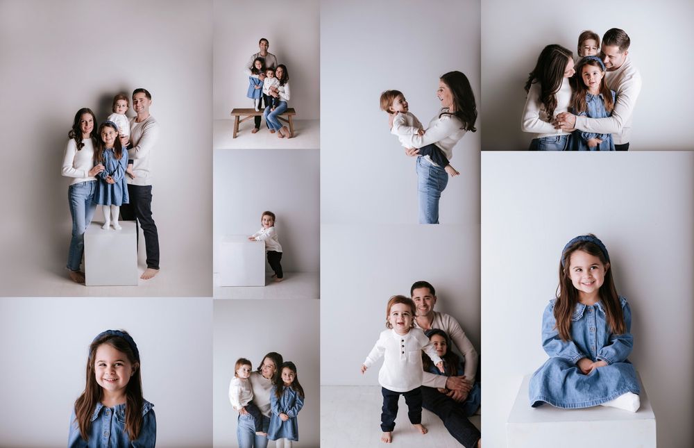 A collection of minimalist studio portraits showing casual interactions against white backgrounds in a modern photography style.