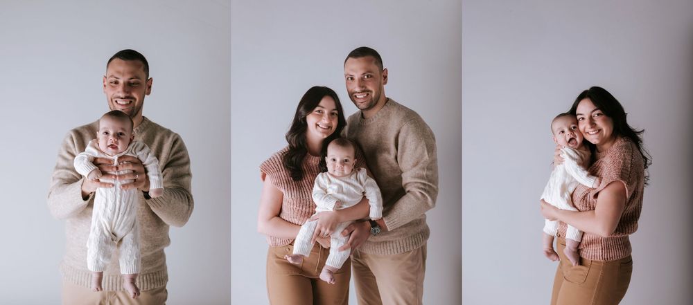 Studio family photography series with neutral tones and minimalist white background.