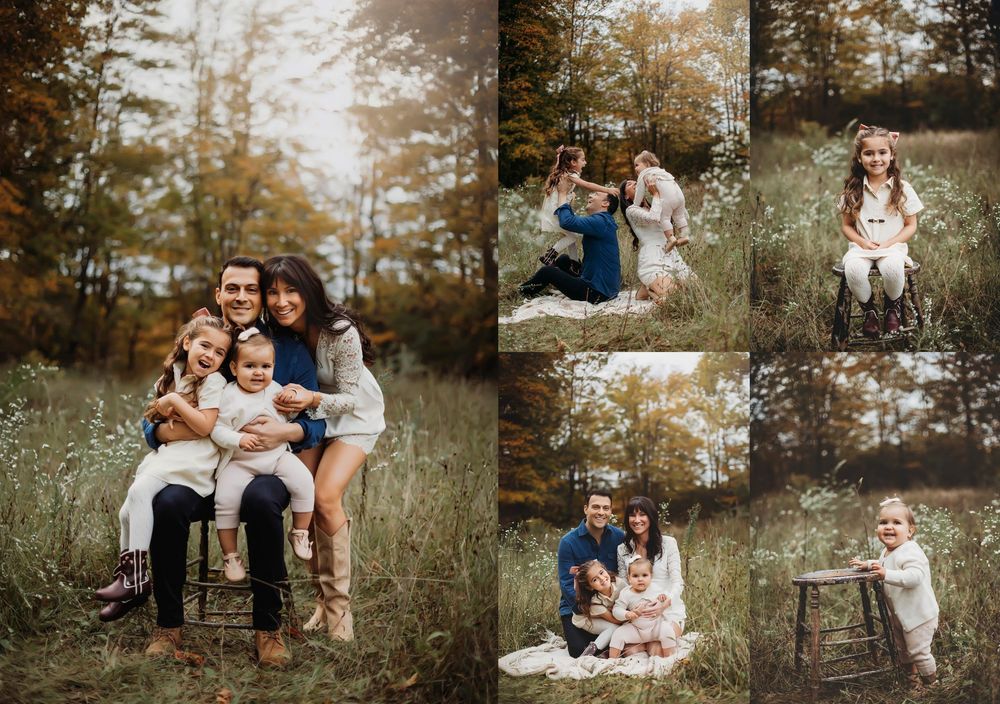 Fall family photo collage featuring outdoor portraits in a rustic field setting.