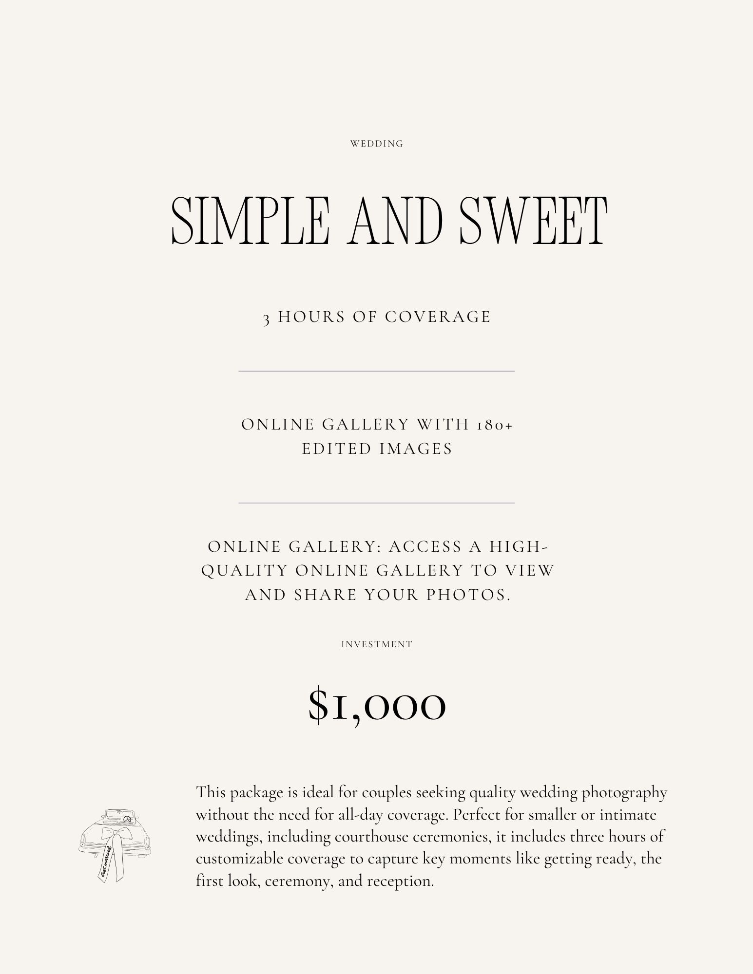 Wedding photography pricing guide layout showing simple and sweet package details with elegant typography and design.