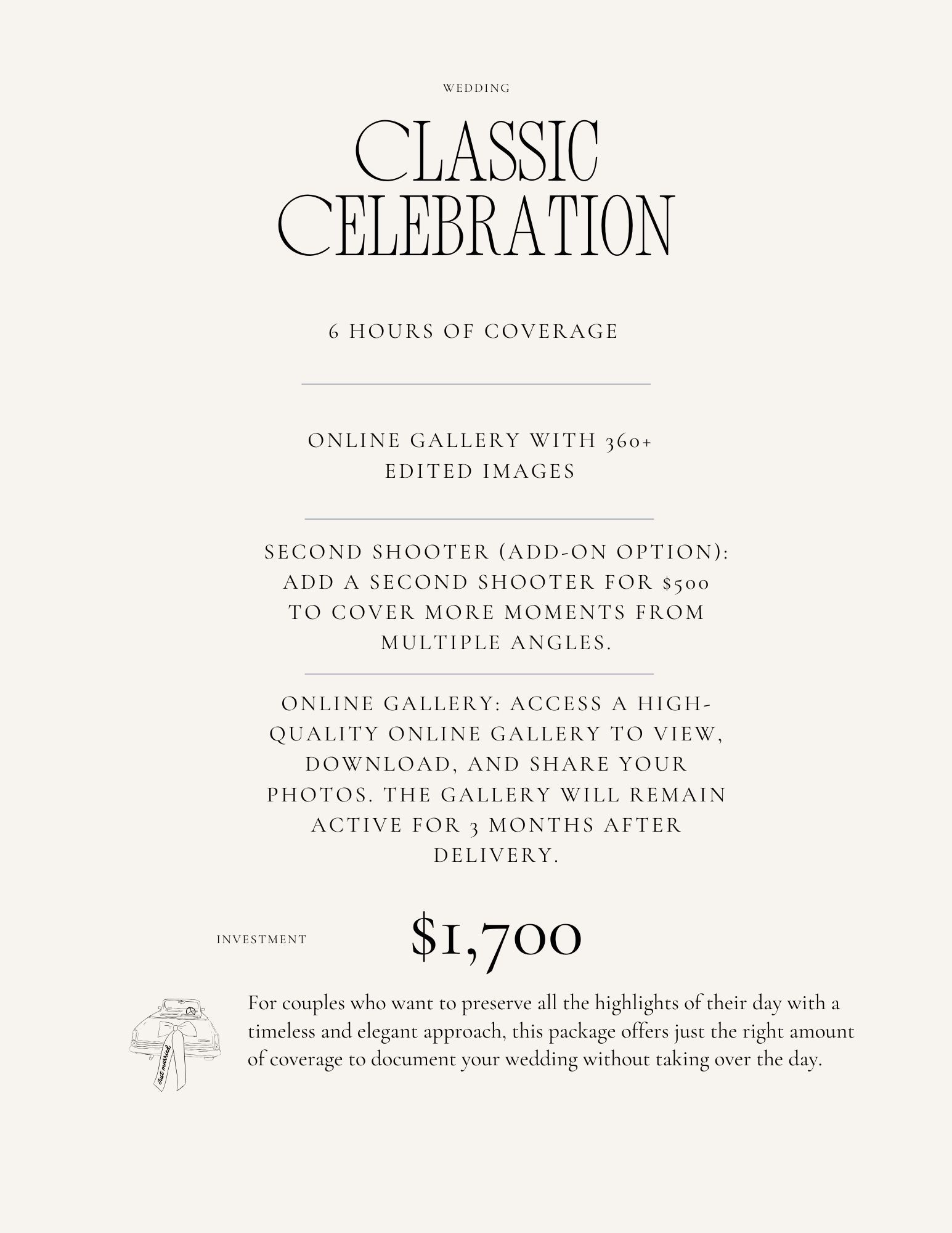 Wedding photography pricing list showing Classic Celebration package details with elegant typography on white background.