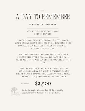 Wedding photography package pricing details showing 'A Day to Remember' with $2,500 cost for full coverage service.
