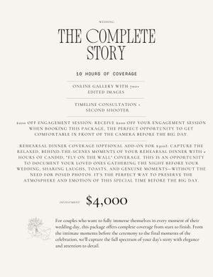 A wedding photography pricing menu displays 'The Complete Story' package details with elegant typography and pricing at $4,000.