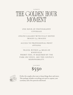 Photography package pricing details for Golden Hour Moment showing $550 rate and coverage options.